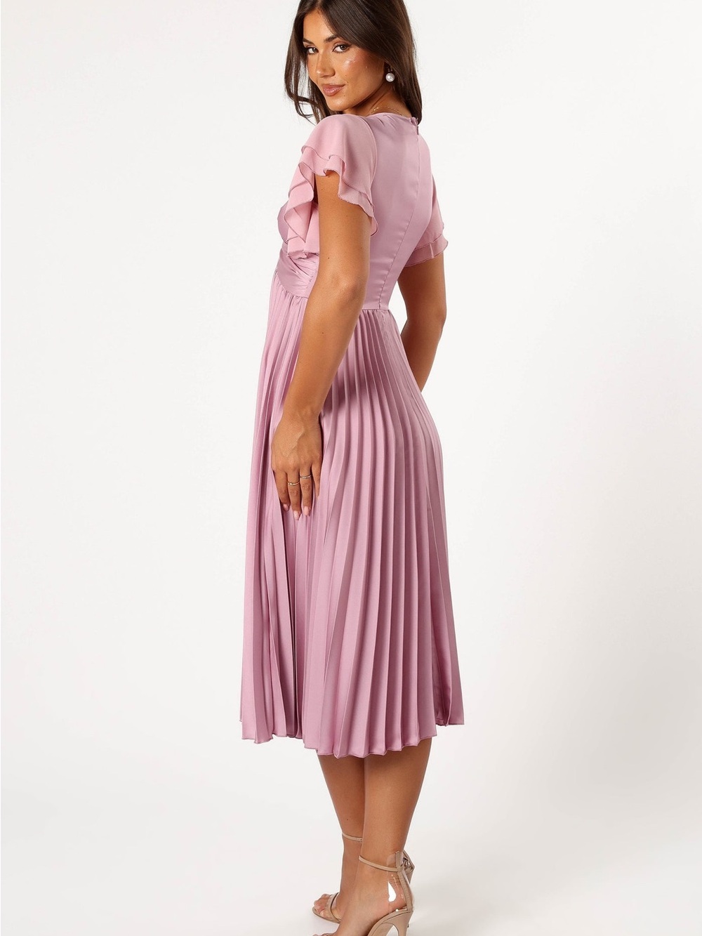 NWOT Dusty Rose Pleated Flutter Sleeve Midi Dress - Picture 9 of 15